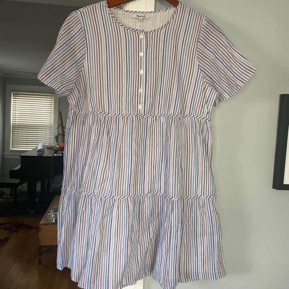Madewell L striped crew neck button front tiered mini dress, rainbow stripe